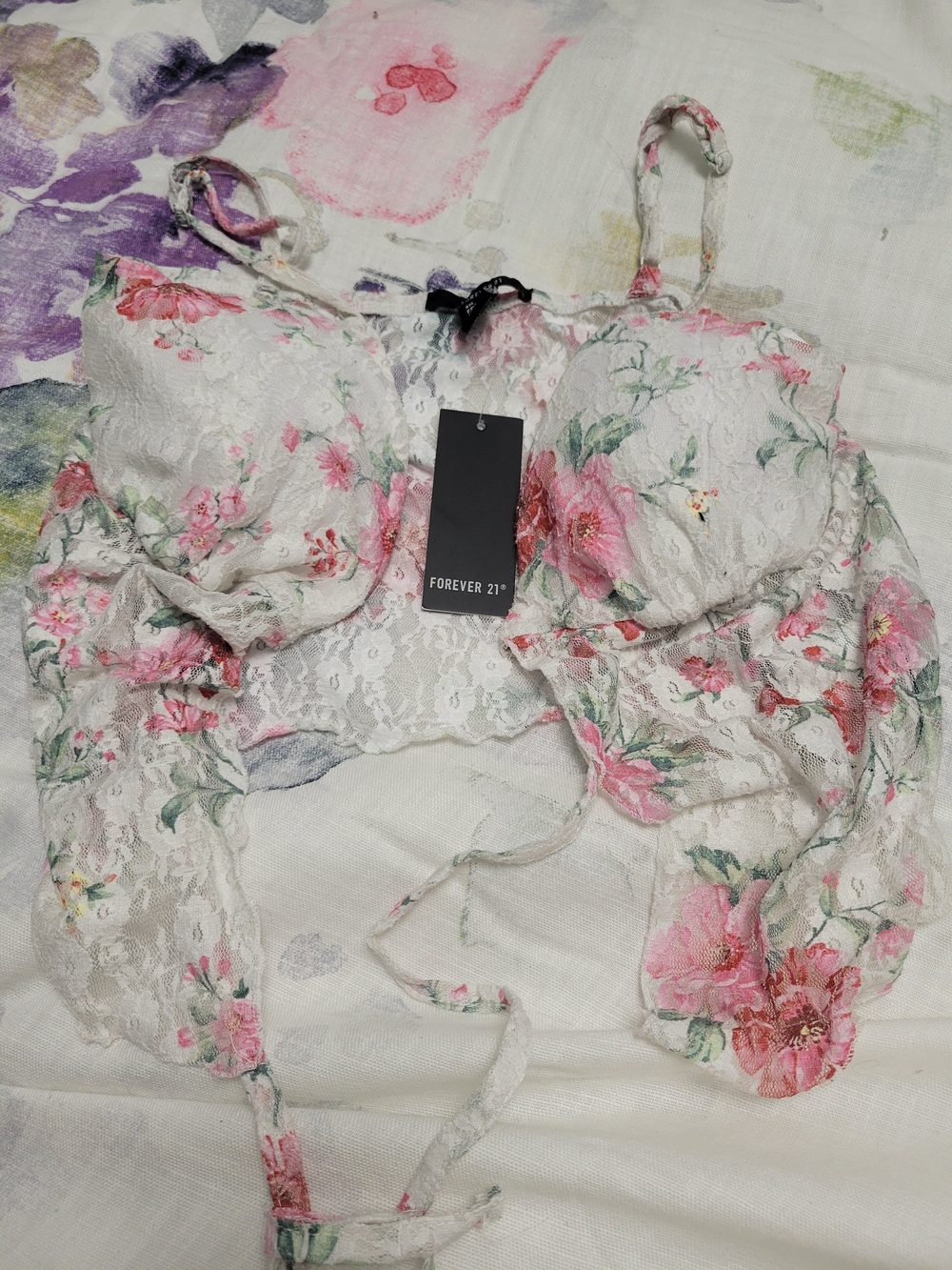 Forever 21 White Lace Floral Padded Bralette with Pink and Green Print